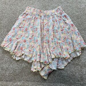 Amable Women Multicolor Floral Ruffle Hem Rayon Shorts Small Boho Skort Festival